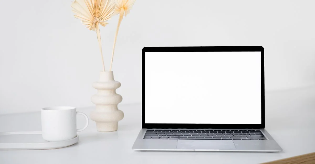 Espace de travail minimaliste et élégant avec un ordinateur portable, un vase avec des plantes décoratives et une tasse sur une table blanche.