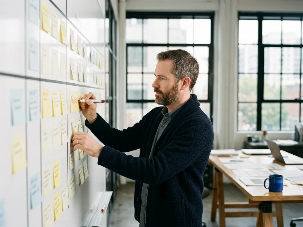 Stratège SEO à Bobigny organisant un planning éditorial sur un tableau blanc pour une entreprise.
